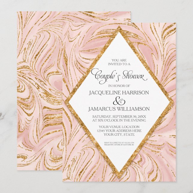 Couples Shower Rose Gold Faux Glitter Marble Blush Invitation (Front/Back)