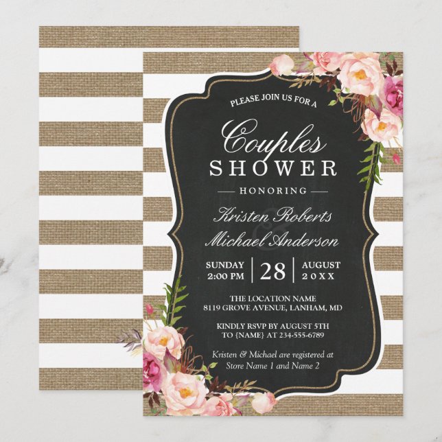 Couples Shower Rustic Chic Burlap Stripes Floral Invitation (Front/Back)