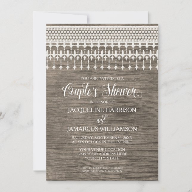 Couples Shower Rustic Wooden Board Lace Typography Invitation (Front)