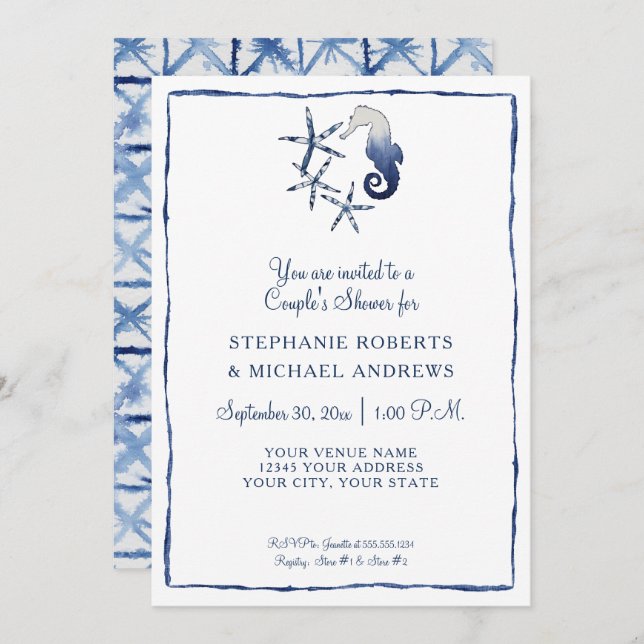 Couples Shower Shibori Seahorse Starfish Beach Art Invitation (Front/Back)