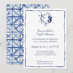 Couples Shower Shibori Seahorse Starfish Beach Art Invitation
