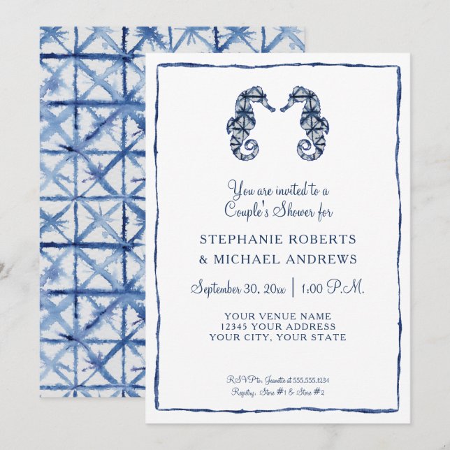 Couples Shower Shibori SeaHorse Watercolor Beach Invitation (Front/Back)