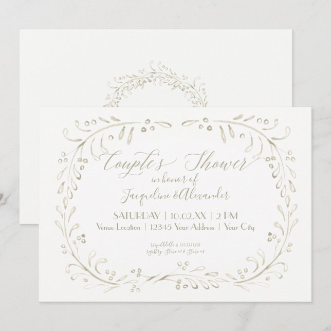 Couples Shower Simple Watercolor Modern Leaf Art Invitation (Front/Back)