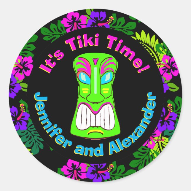 Couples Shower Tiki Time Classic Round Sticker (Front)