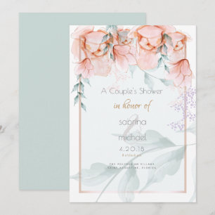 Couple's Shower Trendy Coral Aquarelle Peonies Invitation