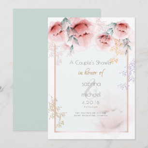 Couple's Shower Trendy Coral Aquarelle Peonies Invitation