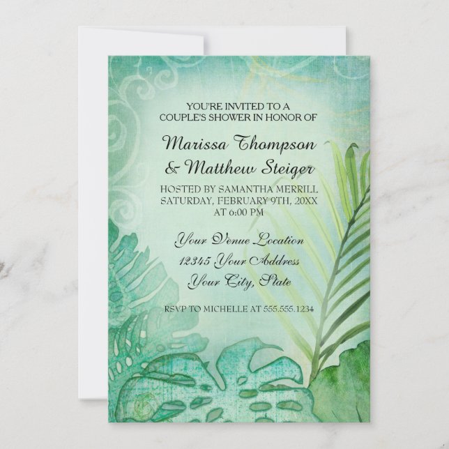 Couples Shower Tropical Rainforest Palm Leaf Swirl Invitation (Front)