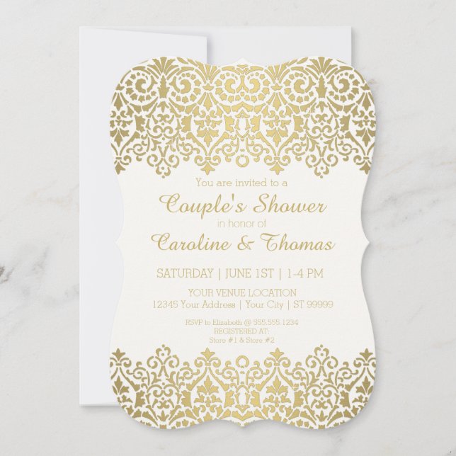 Couples Shower Vintage Modern Golden Lace Elegant Invitation (Front)