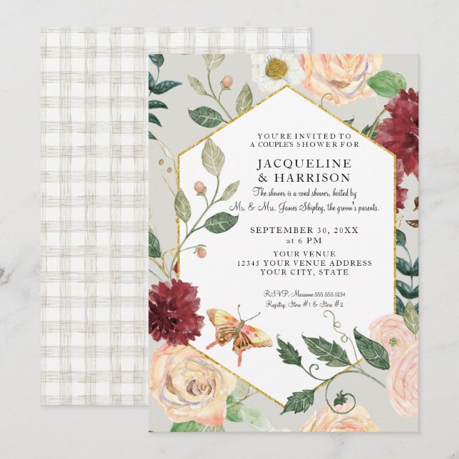 Couples Shower Watercolor Autumn Fall Floral Art Invitation (Front/Back)