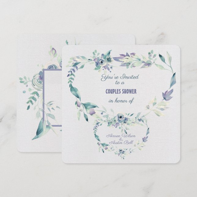 Couples Shower Watercolor Blue Flowers Frame  Invitation (Front/Back)