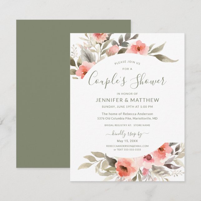 Couple's Shower Watercolor Blush Rose Wreath Invitation (Front/Back)