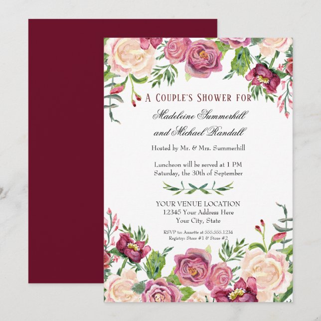 Couples Shower Watercolor Burgundy Floral Roses Invitation (Front/Back)