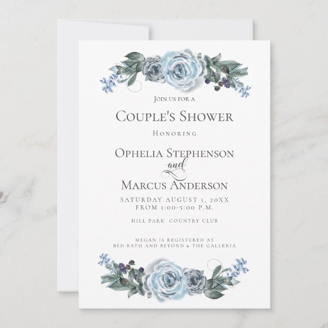 Couple's Shower | Watercolor Dusty Blue Floral Announcement (Front)