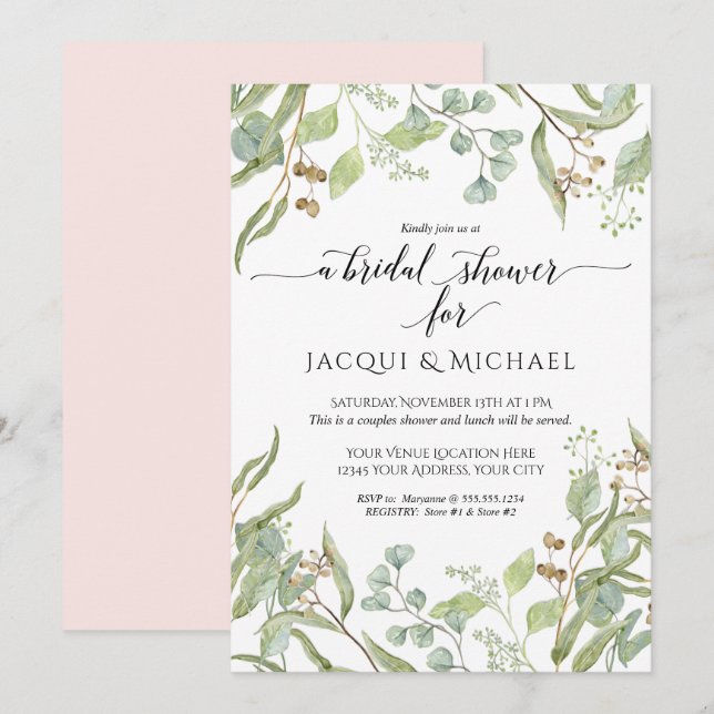 Couples Shower Watercolor Eucalyptus Greenery Pink Invitation (Front/Back)