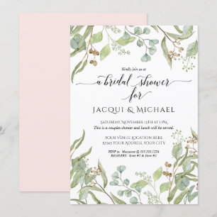 Couples Shower Watercolor Eucalyptus Greenery Pink Invitation