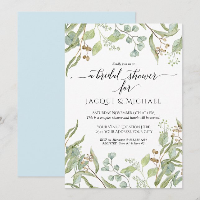 Couples Shower Watercolor Eucalyptus Leaf Foliage Invitation (Front/Back)
