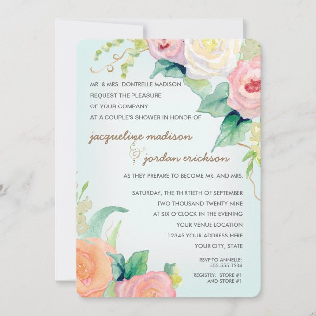 Couples Shower Watercolor Floral Roses Aqua Blue Invitation (Front)