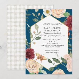 Couples Shower Watercolor Peacock Blue Rose Floral Invitation