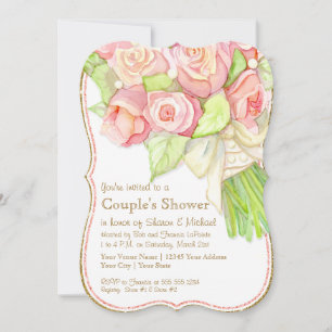 Couples Shower Watercolor Rose Bouquet Pearls Invitation