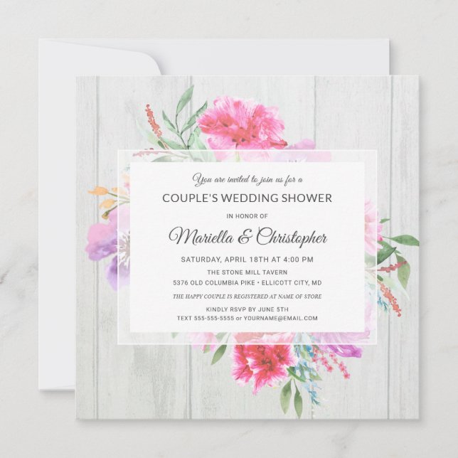 Couple's Shower Watercolor Rustic Wood Decoupage Invitation (Front)