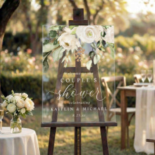Couple's Shower Welcome White Floral Greenery Acrylic Sign