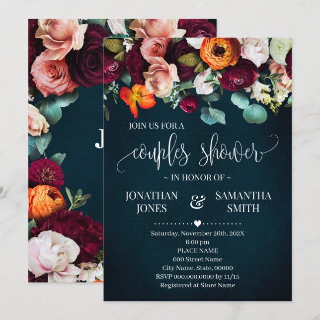 Couples Shower Wine Burgundy Flowers Navy Wedding Invitation (Front/Back)
