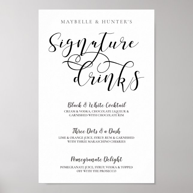 Couple's Signature Drinks Modern Black Calligraphy Poster (Front)