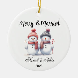 Couples Snowman Merry & Married Wedding Ceramic Tree Decoration