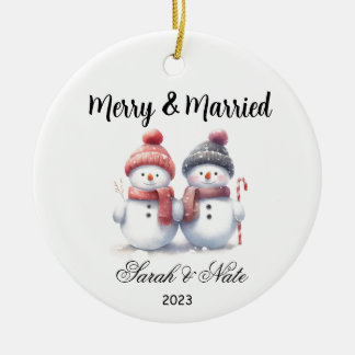 Couples Snowman Merry & Married Wedding Ceramic Tree Decoration