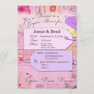 Couples Travel Shower theme in pink and purple Invitation