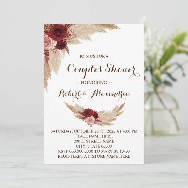 Couples Wedding Shower Pampas Grass Invitation (Standing Front)