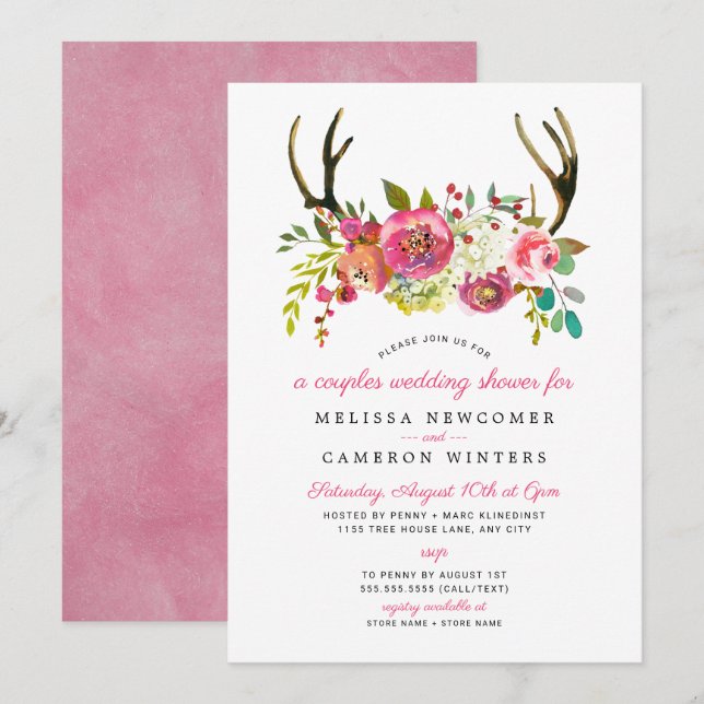 Couples Wedding Shower, pink floral antlers invite (Front/Back)