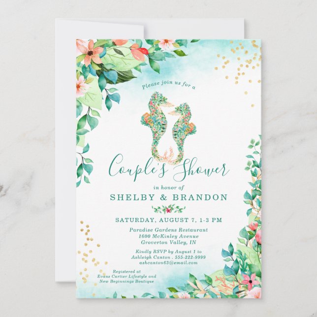 Couples Wedding Shower Tropical Floral Seahorses Invitation (Front)