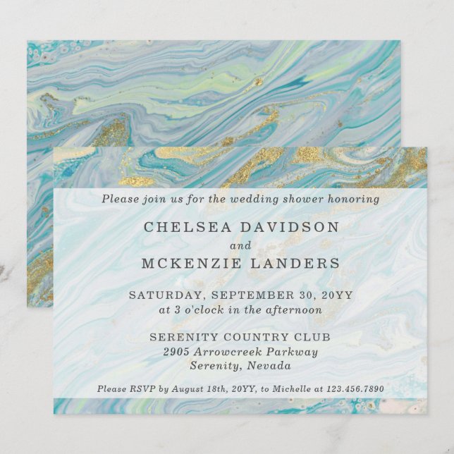 Couples' Wedding Shower Turquoise & Gold Marble Invitation (Front/Back)