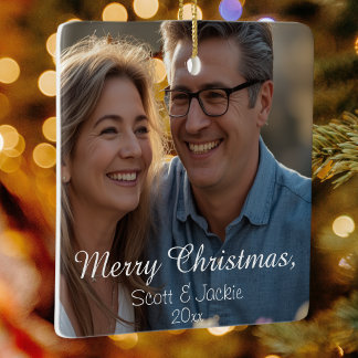 Couples White Calligraphy Photo Personalise Ceramic Ornament