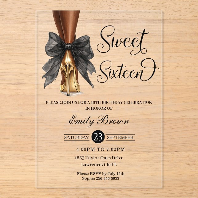 Couquette Black Ribbon Bow Fashion Heels Sweet 16  Acrylic Invitations (Front)