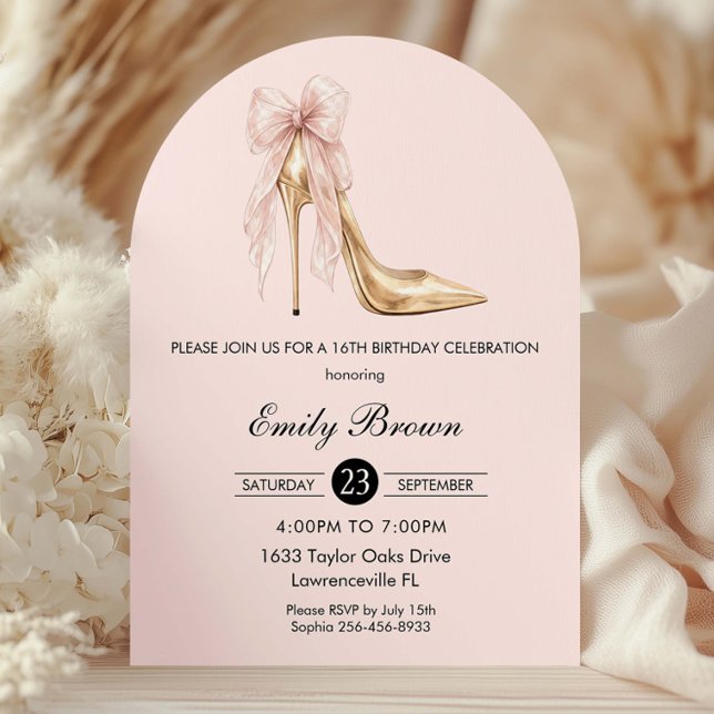 Couquette Blush Ribbon Bow Fashion Heel Birthday Invitation (Creator Uploaded)