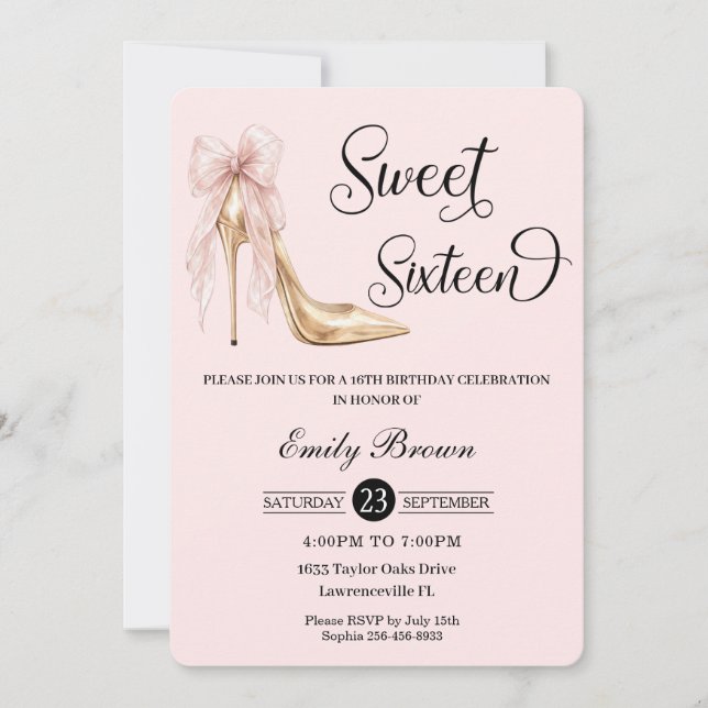 Couquette Blush Ribbon Bow Fashion Heel Sweet 16 Invitation (Front)