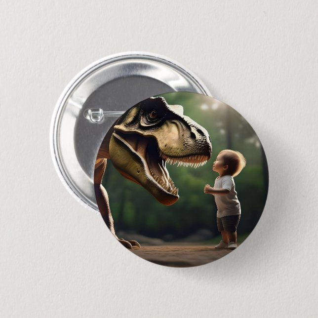 **"Courage Unleashed: A Small Boy Faces the T-Rex" 6 Cm Round Badge (Front & Back)