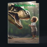 **"Courage Unleashed: A Small Boy Faces the T-Rex" Card<br><div class="desc">Pictured Is A Small Child Confronting A T-rex Dinosaur</div>