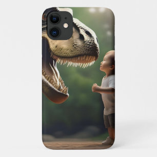 **"Courage Unleashed: A Small Boy Faces the T-Rex" iPhone 11 Case