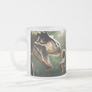 **"Courage Unleashed: A Small Boy Faces the T-Rex" Frosted Glass Coffee Mug