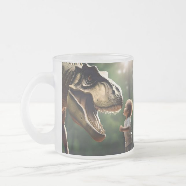 **"Courage Unleashed: A Small Boy Faces the T-Rex" Frosted Glass Coffee Mug (Left)