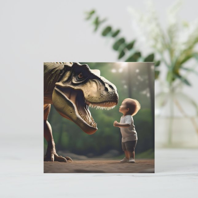 **"Courage Unleashed: A Small Boy Faces the T-Rex" Invitation (Standing Front)