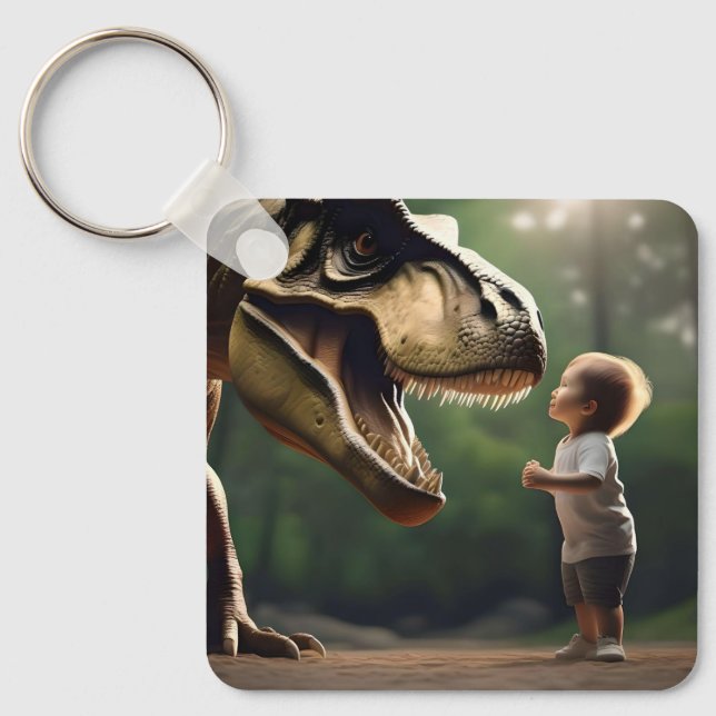 **"Courage Unleashed: A Small Boy Faces the T-Rex" Key Ring (Front)