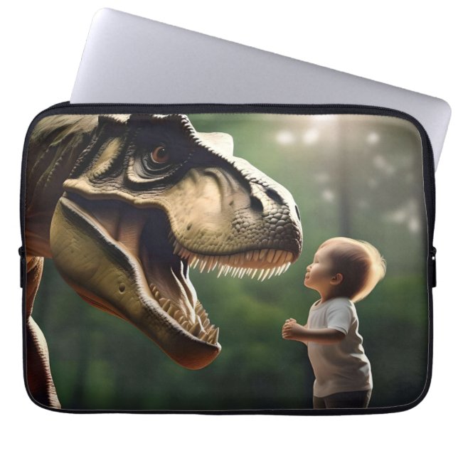 **"Courage Unleashed: A Small Boy Faces the T-Rex" Laptop Sleeve (Front)