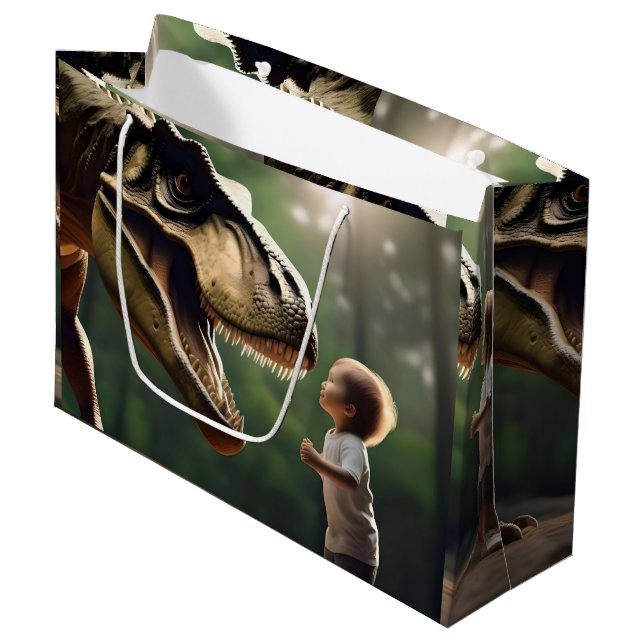 **"Courage Unleashed: A Small Boy Faces the T-Rex" Large Gift Bag (Front Angled)