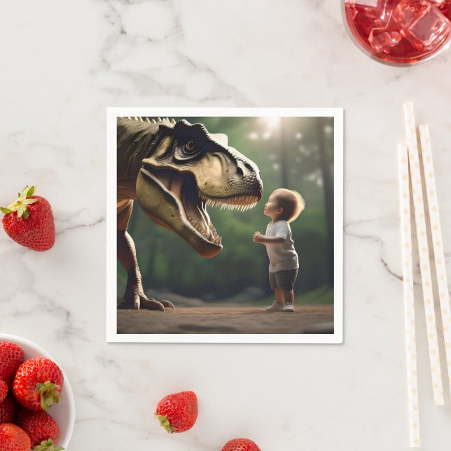 **"Courage Unleashed: A Small Boy Faces the T-Rex" Napkin (Insitu)