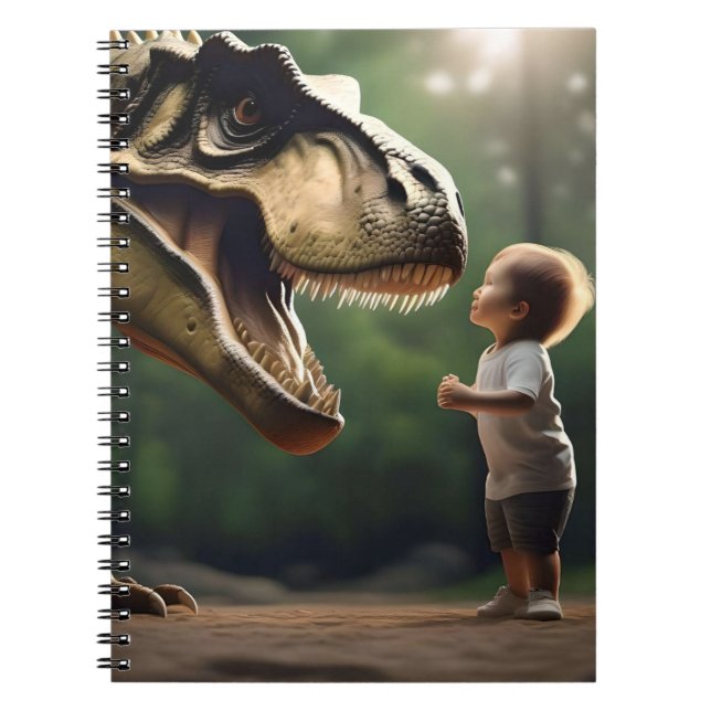 **"Courage Unleashed: A Small Boy Faces the T-Rex" Notebook (Front)