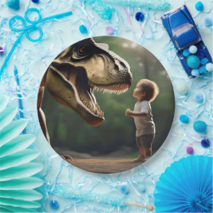 **"Courage Unleashed: A Small Boy Faces the T-Rex" Paper Plate